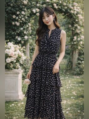 MISA Los Angeles Tiered Ruffle Maxi Dress Black Floral Romantic Boho Chic USA